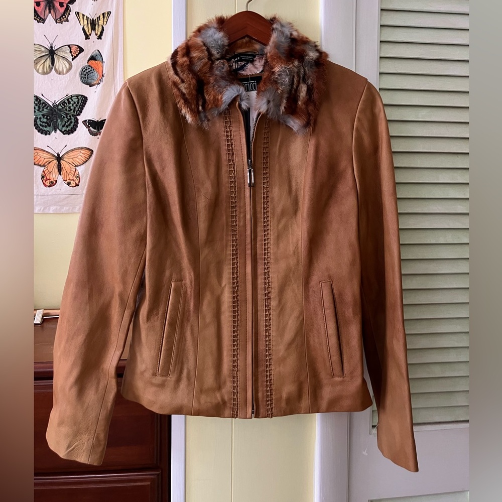 Vintage Y2K Vericci Caramel Brown Genuine Leather Jacket with Rabbit Fur Collar